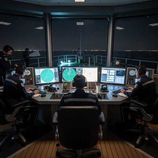 Ship's bridge crew coordinating operations — representing distributed maritime ERP users across vessels and time zones