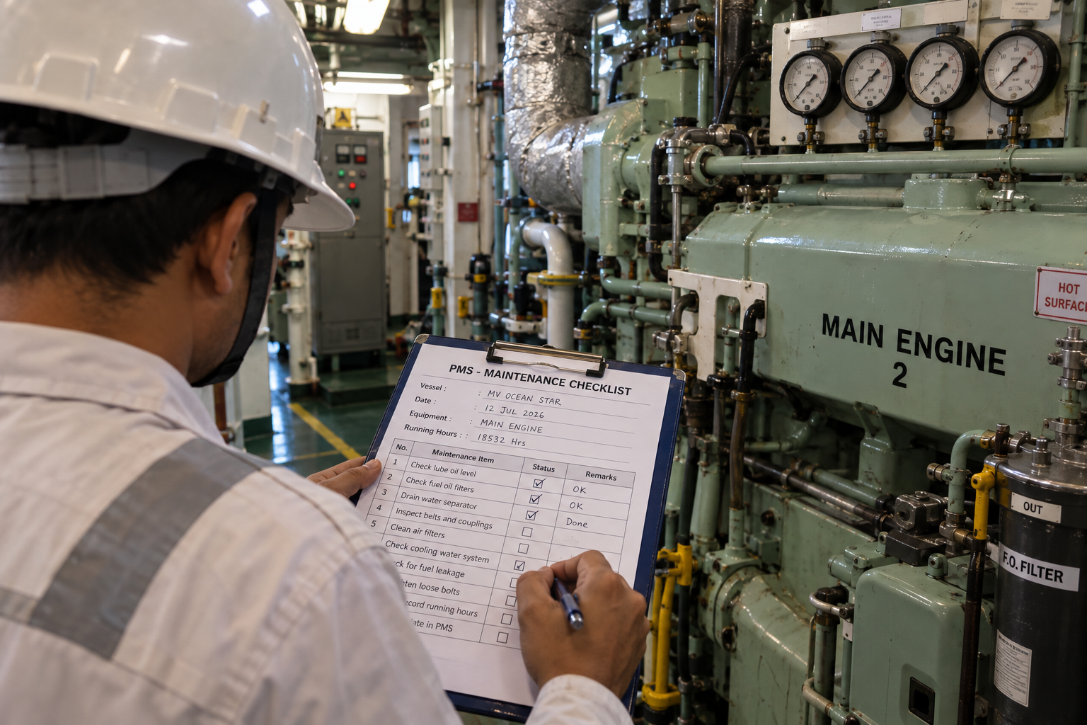Marine engineer reviewing a PMS maintenance checklist for MV Ocean Star's main engine, checking lube oil, fuel filters, and running hours against the physical equipment