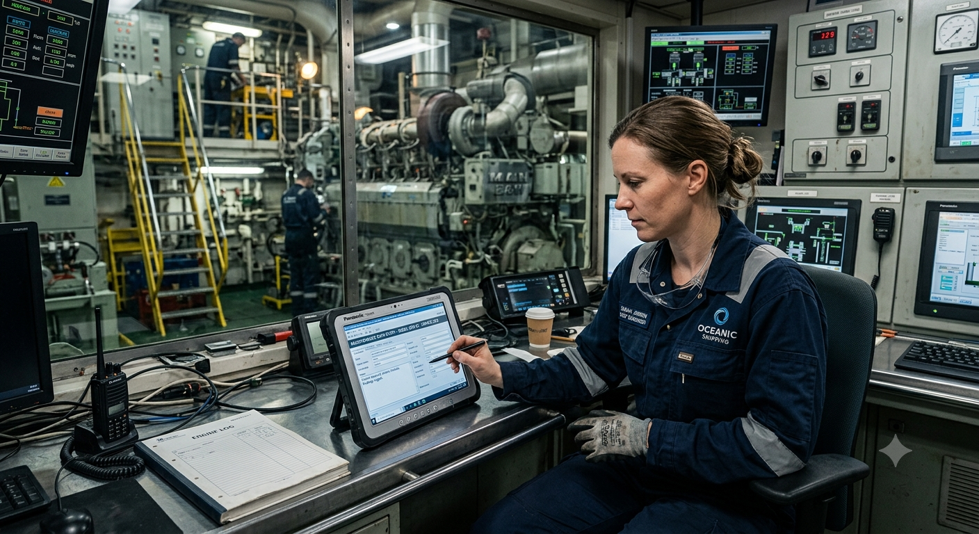 Marine engineer entering maintenance data on a rugged tablet in a ship's engine control room, with the main engine visible through the window