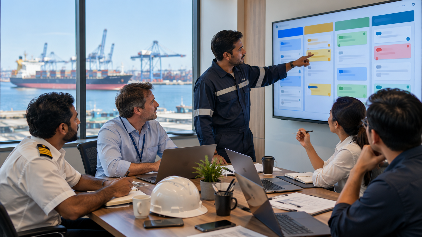 Mixed team of ship officers and shore staff in a meeting room as a colleague in navy coveralls points to a task board on a wall screen, with a container ship and port cranes visible through the window