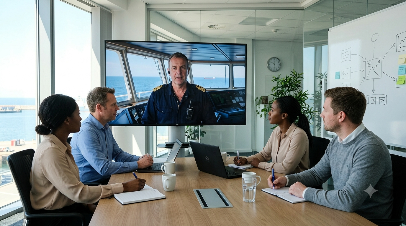 Four shore-office colleagues taking notes while a ship's captain joins their meeting by video call from the vessel's bridge.