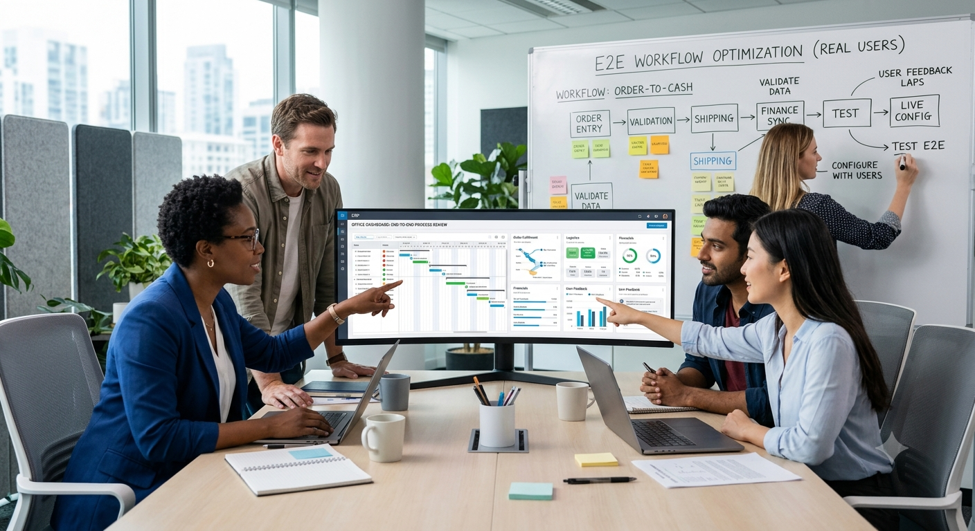 Team reviewing an end-to-end process dashboard on a large monitor while a colleague maps a workflow on a whiteboard